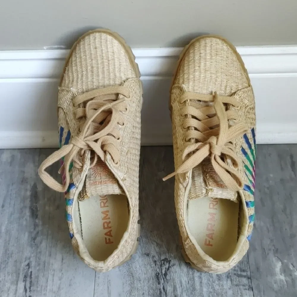 FARM Rio Natural Raffia Sneakers with Multicolor Sunburst Embroidery
